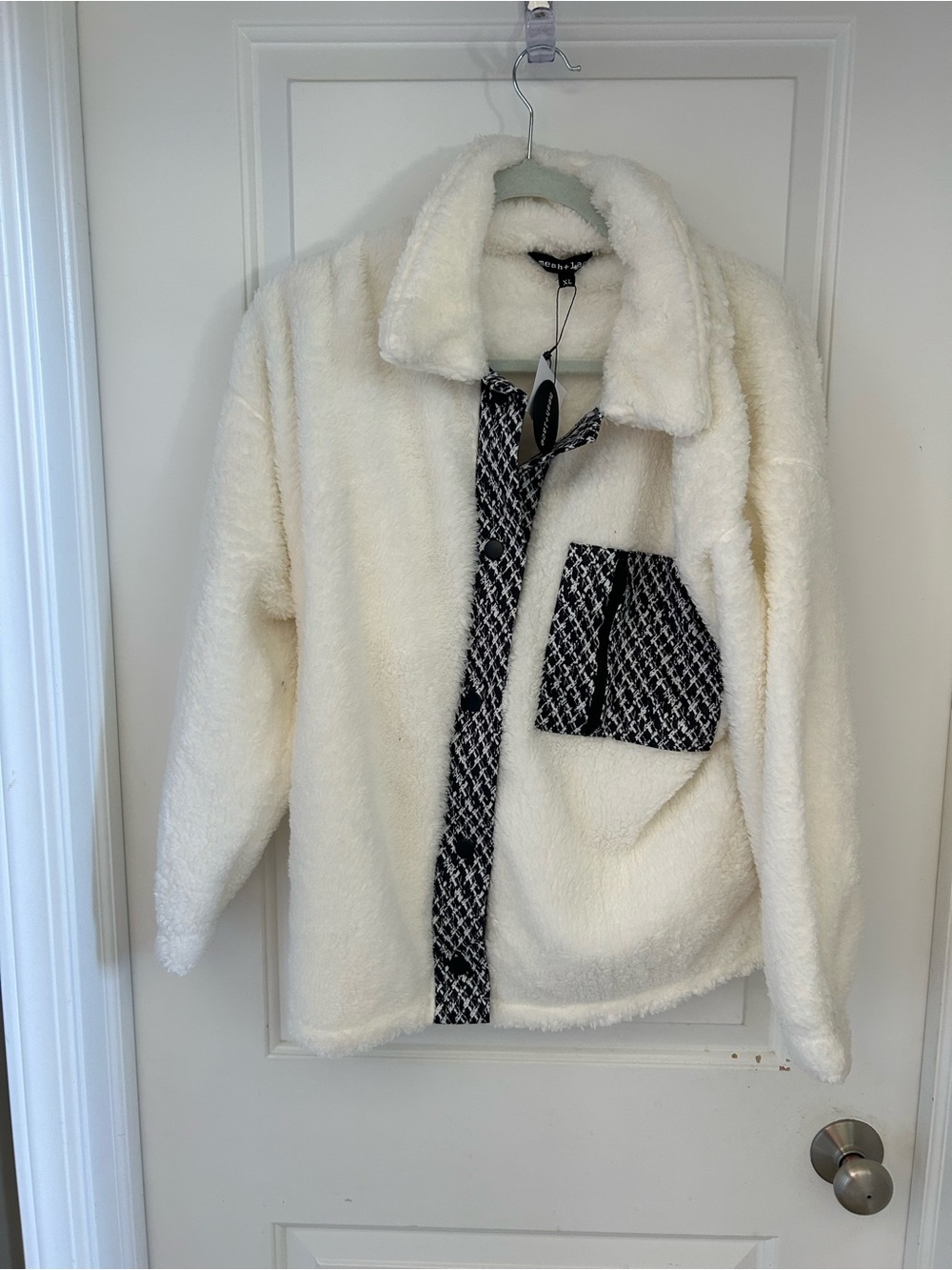 Cream Faux-Sherpa Jacket with Black Patterned Trim (NWT)